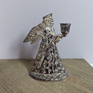 Vintage Silver Plated Angel Candle Holder 7” Tall | Ornate Floral Robe Figurine